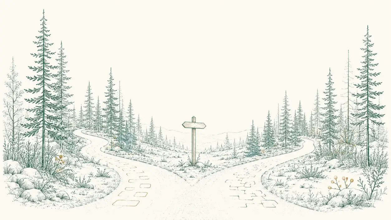 Illustration au trait d'une fourche dans un sentier de forêt boréale avec un poteau indicateur : le chemin de gauche est pavé de cartes kanban (monday.com), celui de droite de blocs interconnectés (Odoo).