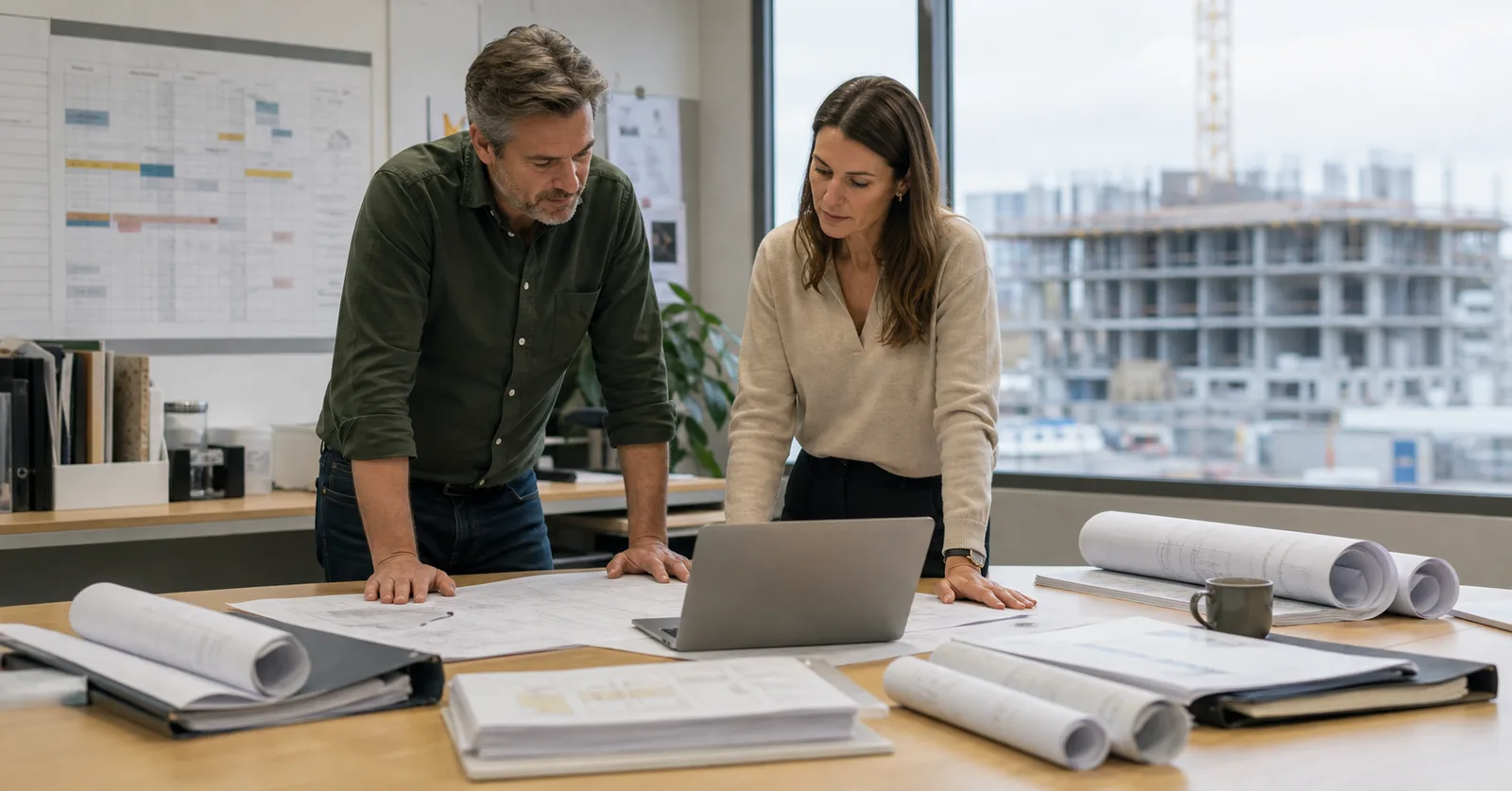Direction immobilière et chargé de projet comparant plusieurs échéanciers de construction dans un bureau de projet