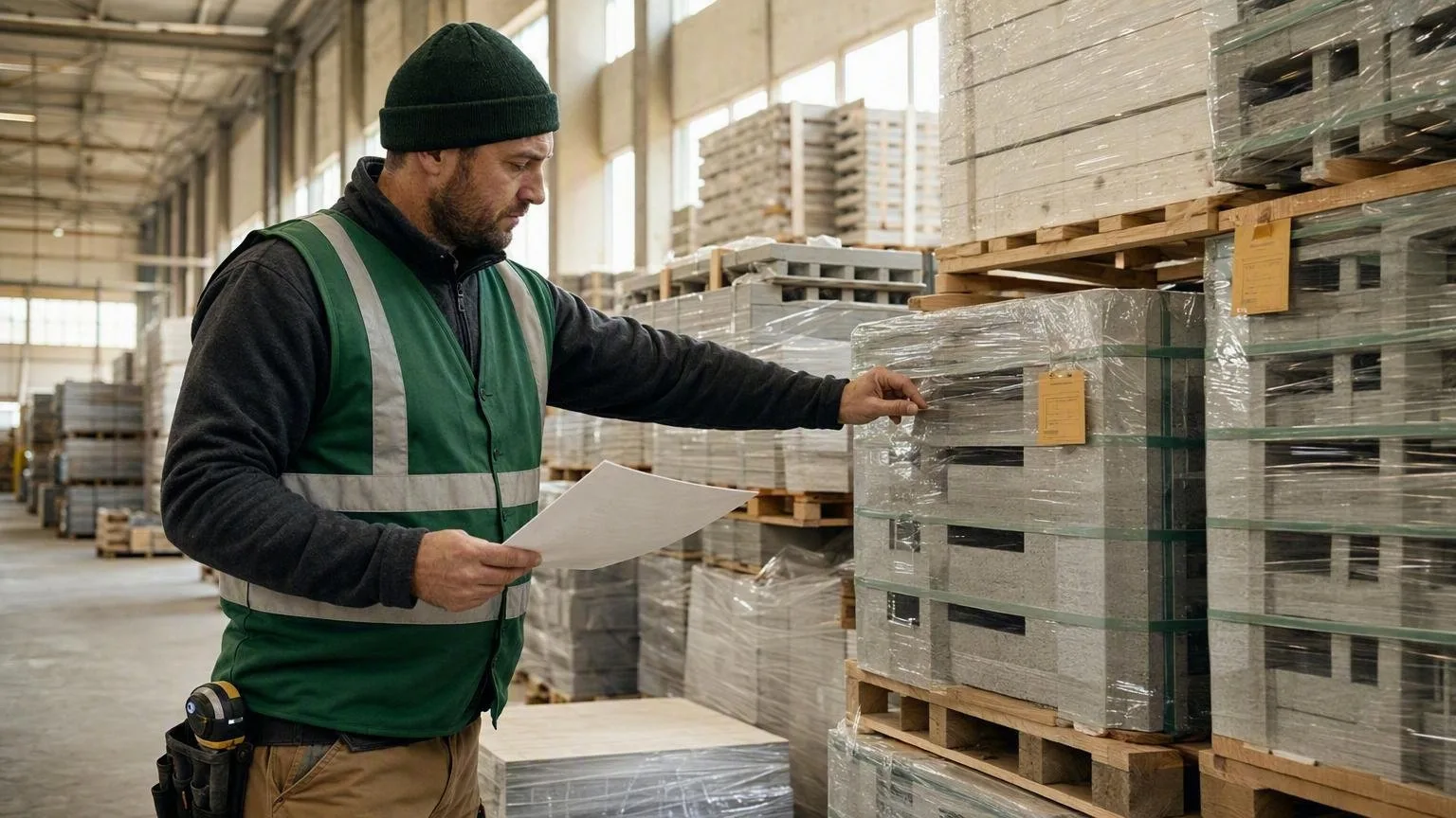 Responsable de dépôt vérifiant les lots d'une commande de matériaux avant leur expédition vers un chantier