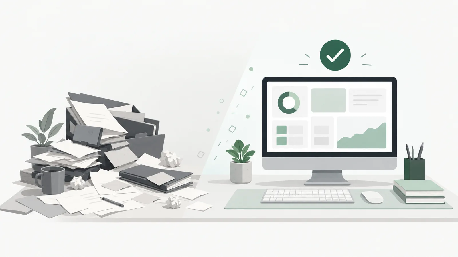 Diagram of a monday.com workspace cleanup: on the left, a tangle of duplicate boards and abandoned automations; on the right, a consolidated account with clear naming conventions and a rebuilt core of boards.