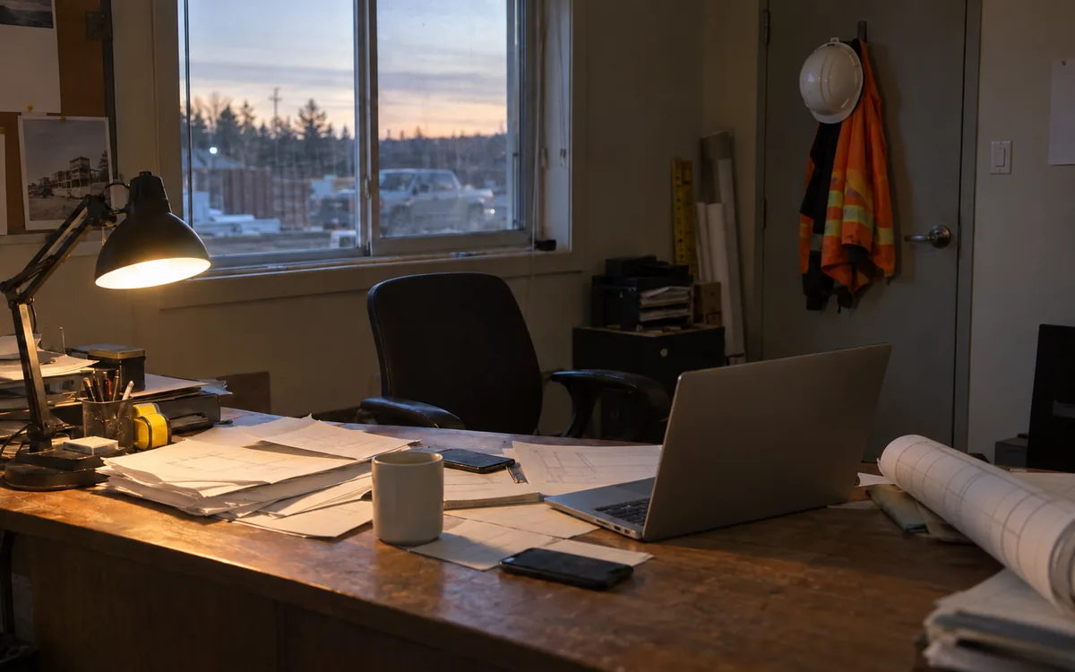 Avant : les factures et les plans empilés sur le bureau au lever du jour