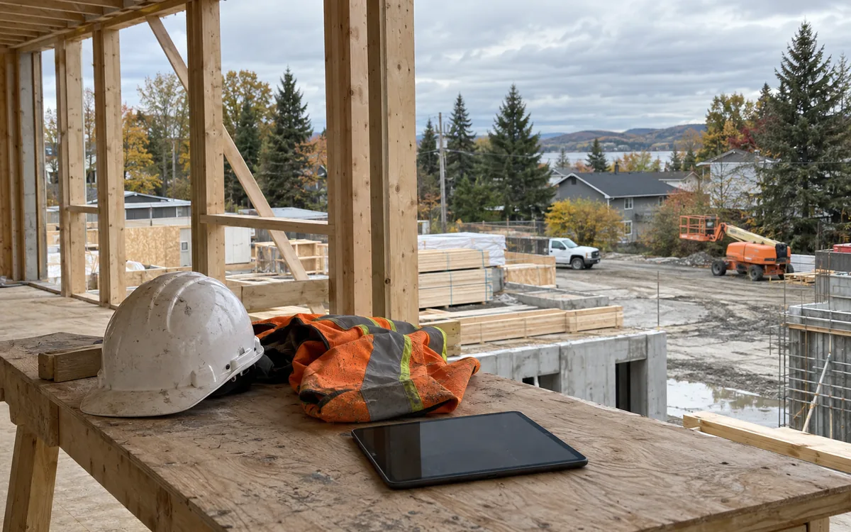 Chantier d'un immeuble multilogements en ossature de bois au Québec, casque blanc et tablette sur la table de travail