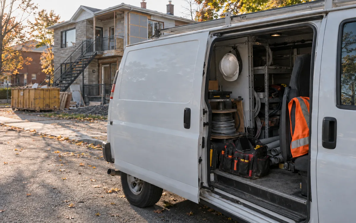 Camion de service d'un entrepreneur spécialisé devant un duplex en rénovation, matériel et casque blanc à l'arrière