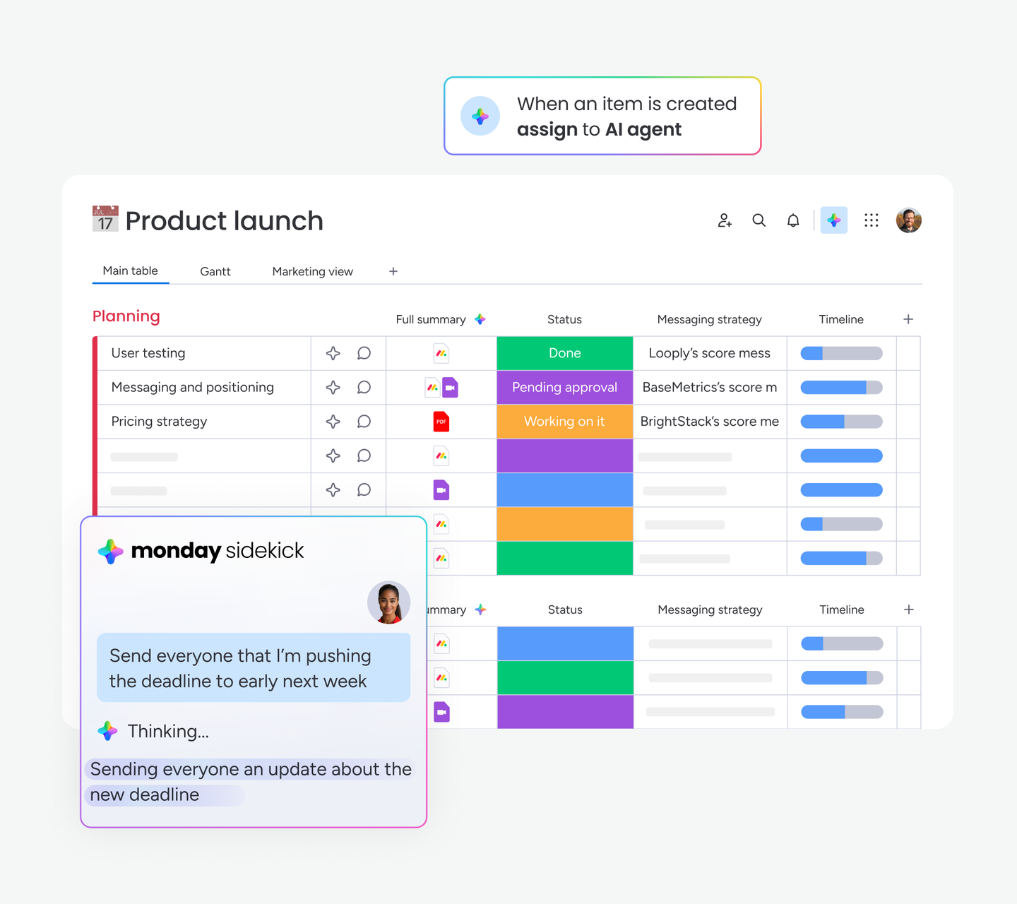 Une équipe collabore dans un tableau monday.com pendant que Sidekick prépare une mise à jour d'échéancier