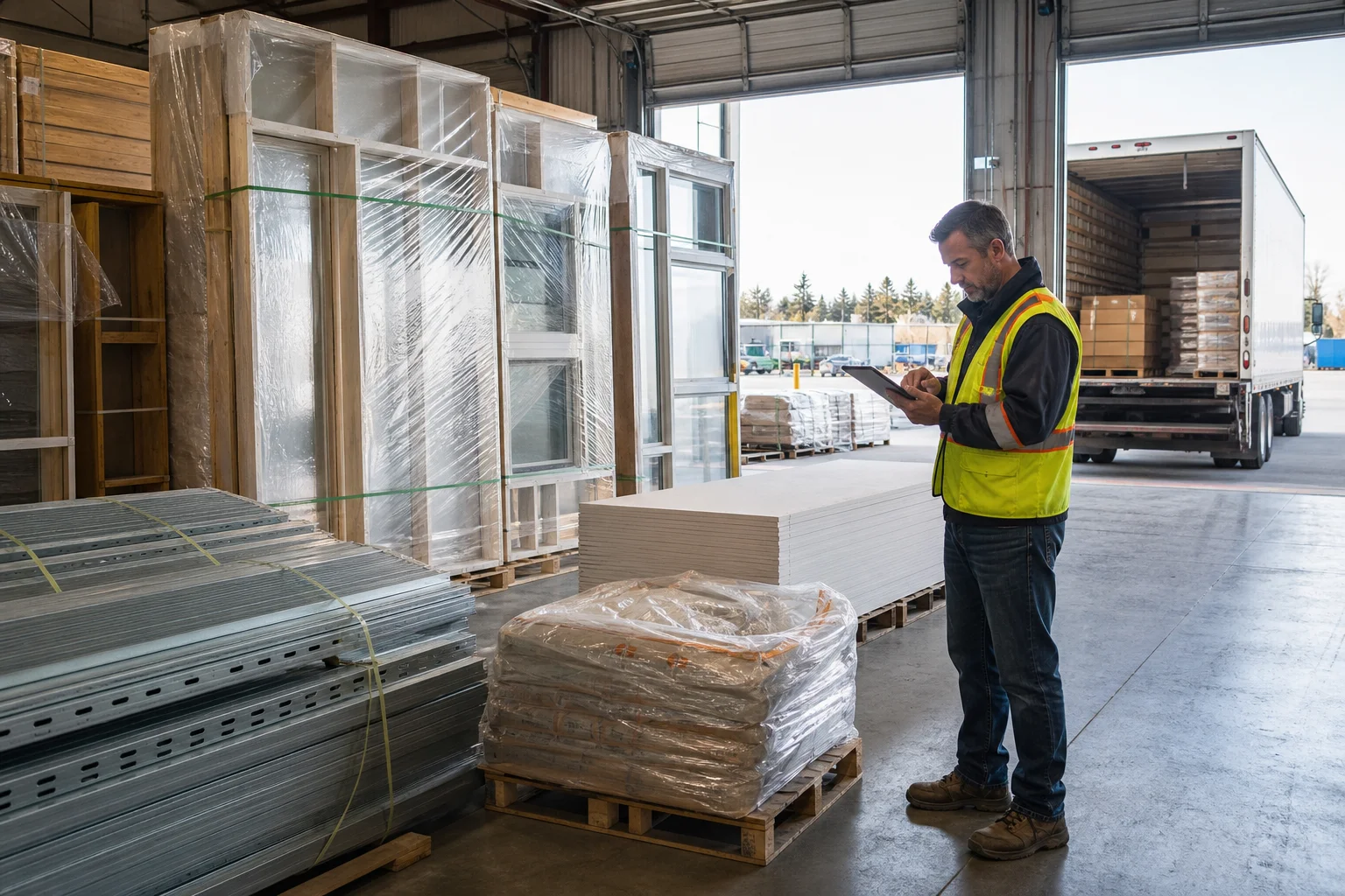 Matériaux et composantes de construction préparés au dépôt pour une livraison chantier