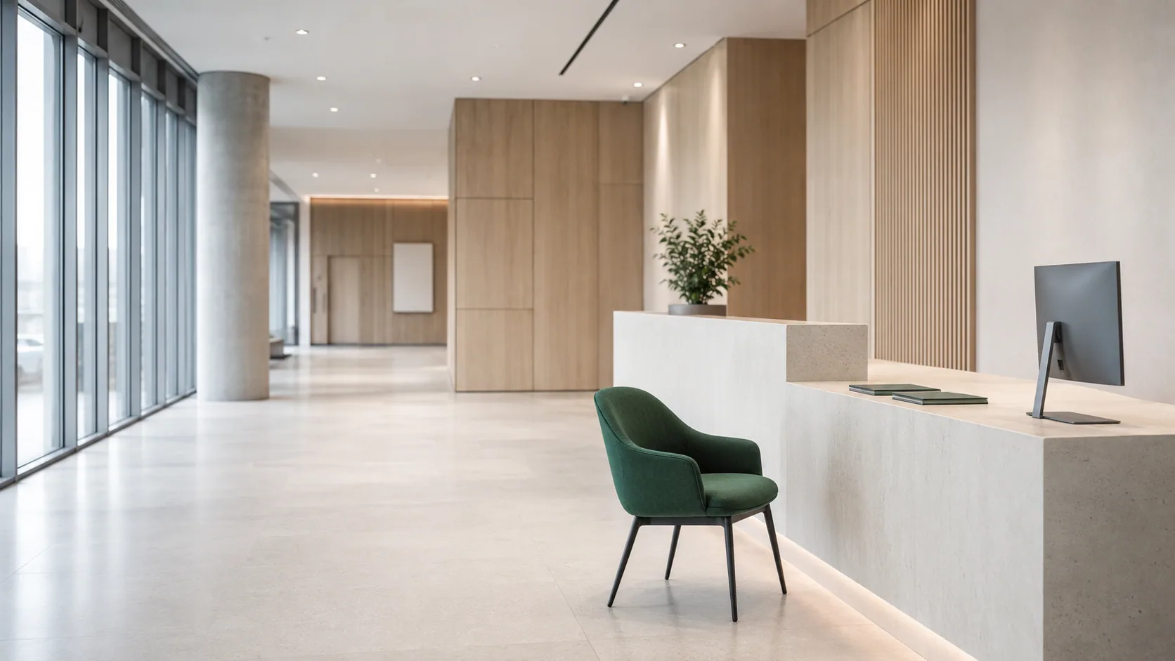 Hall lumineux d'un édifice municipal avec comptoir de service